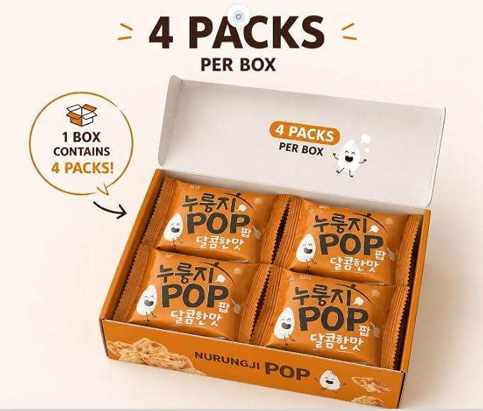Korean Crispy Rice Snack, Spicy Puffed Rice Crackers, 4 Packs, 6.9 oz (74자) (Sweet & Toasty Roasted Rice Flavor)