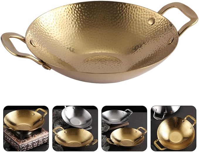 Double Handle Hammered Griddle Korean Pot Ramen Pot Stainless Steel Pan Cooking Tool