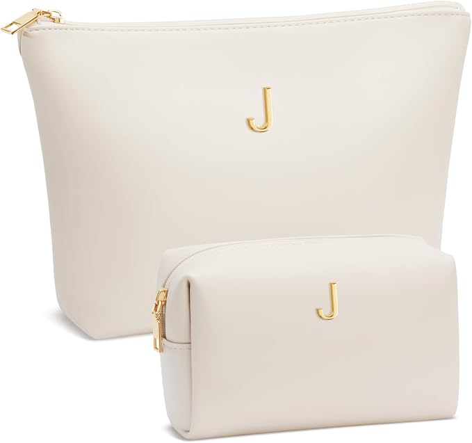 Women Gifts | Initial Makeup Bag for Girl Personalized Gifts for Bridesmaid Friend PU Leather Cosmetic Travel Toiletry Bag(Beige,J)