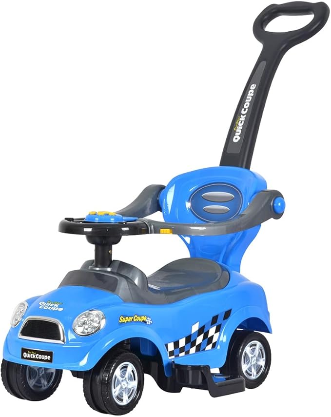 ChromeWheels 3 in 1 Ride on Push Car for Toddlers with Removable Handle/Guardrails/Pedal, Horn, Music, Under Seat Storage (Blue)