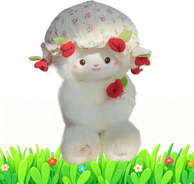 Baby Sheep Bouqet, Rose Bouquet Lamb Plush Toy, Hand Cute Stuffed Sheep with Flower, Emotional Support Animal Desk Decor, Soft Cuddly Pillow with Removable Hat (Red,11.8 in)