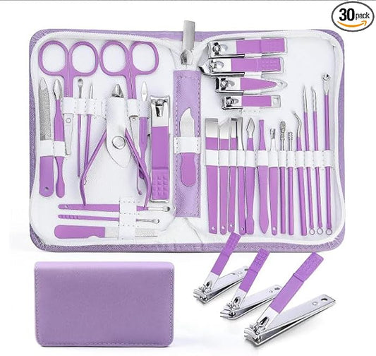 Manicure kit for Women Personal Nail Care Kit, 30 in 1 Professional Stainless Steel fingernail and toenail Clippers,Pedicure Kit and Beauty Tools Portable Set with Luxurious Travel Case (Purple)