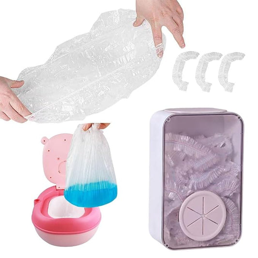 OULIGET Potty Chair Liners with Elastic with Storage Box, Portable Potty Training Bags, Potty Refill Liners Disposable for Toddlers Kids and Baby,Toilet Seat Cover,19x8Inches,100 Pieces