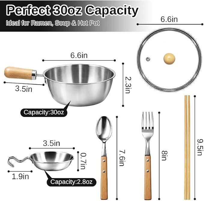 Korean Ramen Pot Set, 18/8 Stainless Steel Ramen Cooking Pot with Glass Lid, Coating-Free One-Person Dining Set, Wooden Handle Bowl, Fork Spoon Chopsticks&Sauce Dish, Safe for Gas Stove