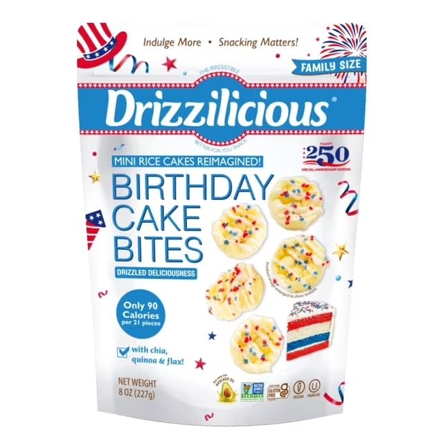 Drizzilicious Mini Flavored Rice Cakes Birthday Cake - Rice Crisps, Healthy Snack for Adults and Kids, Vegan, Gluten Free Snack, Allergen Free, Only 90 Calories Per 21 Pieces - 4 oz (Pack of 1)