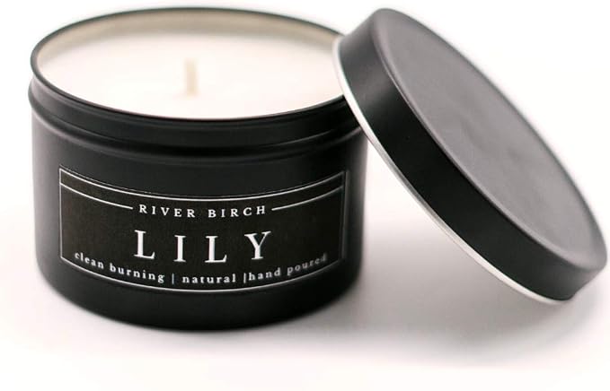 River Birch Candles Lily Scented Candle | Premium, All-Natural, Non-Toxic, Soy Candles | 8 oz. Black Matte Tin Travel Candle | Cozy Relaxing Gifts for Home