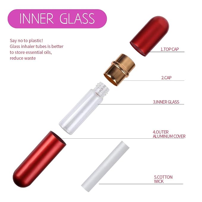 YGDZ Essential Oil Inhaler 5pcs Empty Personal Nasal Aromatherapy Inhalers Tubes Refillable Aluminum Glass Essential Oil Inhalers with 10 Cotton Wicks
