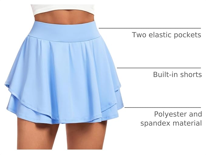 IUGA Tennis Skirt Pleated Skorts for Women with Pockets Skirts for Women | Double Ruffle Skort , Built-In Shorts, 2 Pockets, Tummy Control Breathable, Quick-dry, for Golf, Athletic, Running, Workout