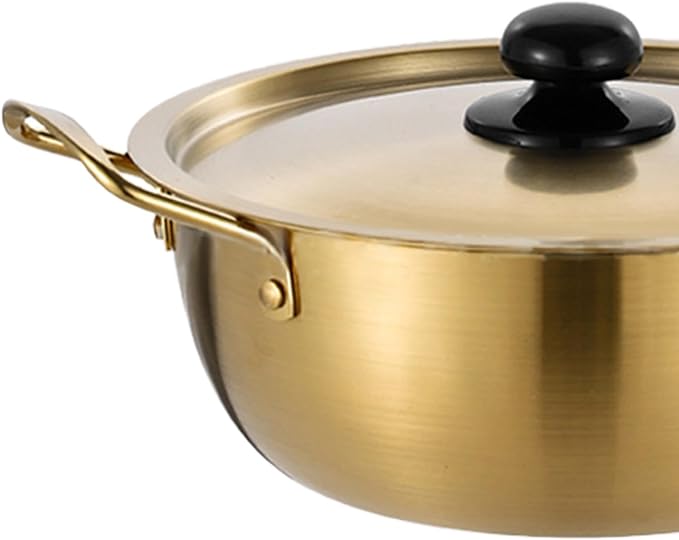 Korean Ramen Pot with Lid, Stainless Steel Golden Pasta Pot, Double Handles, Induction & Stovetop Safe, Lightweight Cooking Pot for Home & Outdoor Use, Inner Diameter 6 in
