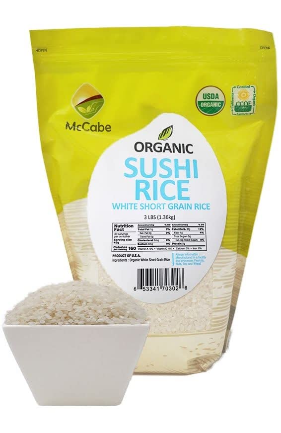 McCabe Organic Short Grain White Sushi Rice - Sticky White Rice | Rich in Fibers and Minerals | USDA and CCOF Certified Organic | Product of USA | 3Lbs Pack of 2