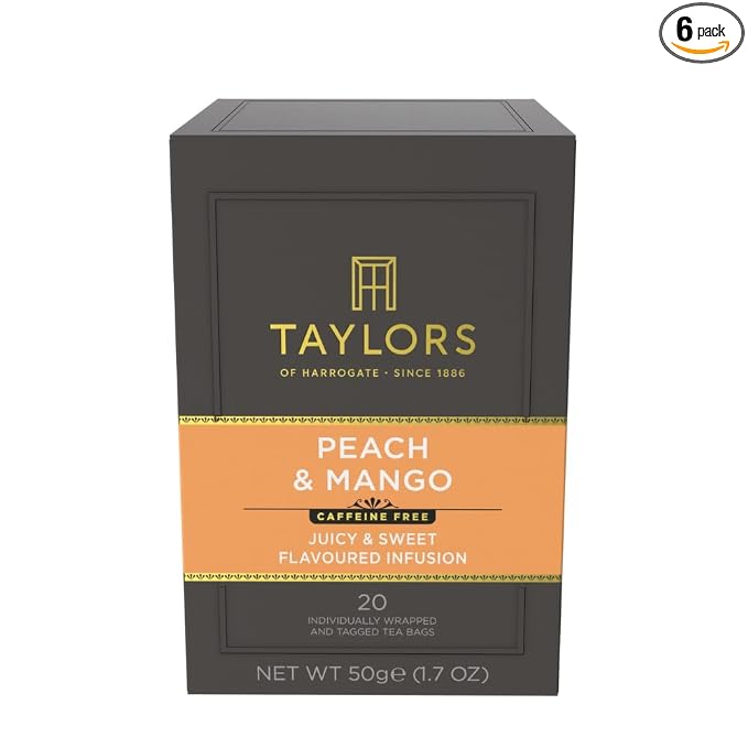 Taylors of Harrogate Peach & Mango, Herbal Tea, Individually Wrapped Teabags, 20 Count (Pack of 6), Juicy, Smooth, and Subtly Sweet, Caffeine-Free, Enjoy Hot or Iced, 120 Teabags Total
