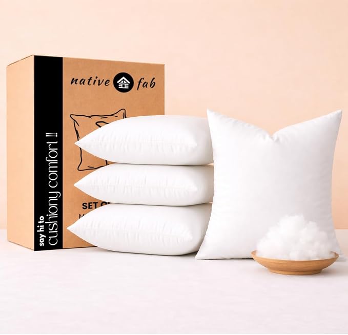 Native Fab Throw Pillow Inserts, Pack of 4, 18x18 Inches, White Polyester, Soft Decorative Cushion Fillers for Bed, Couch, Living Room, Reading Corner, Stylish Support & Home Comfort