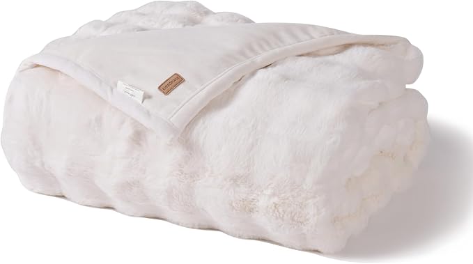 Faux Rabbit Fur Bubble Throw Blanket, 50"x60", Ivory White | Ultra Soft, Luxury Faux Rabbit Fur Throw, Thick Warm Bubble Blanket, Cozy Fluffy Reversible, for Bed, Couch, Chair, Sofa