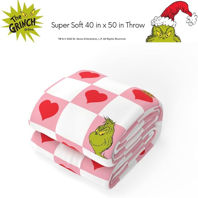 Grinch Checkered Heart Bedding Super Soft Silk Touch Throw, 40 in x 50 in, (Officially Licensed Product) by Franco Collectibles