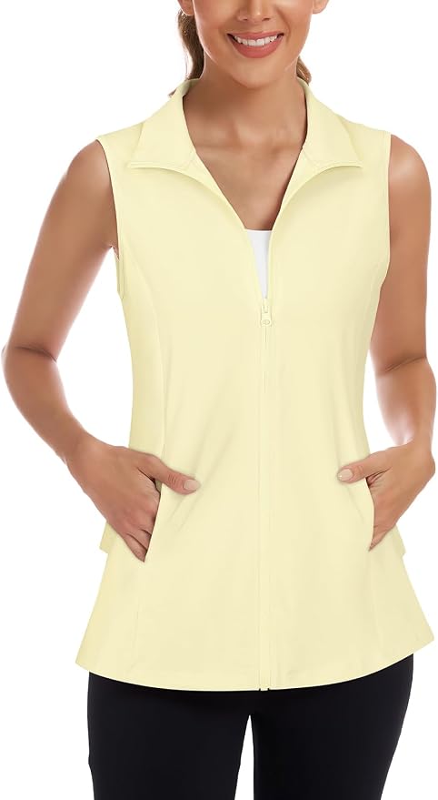 Women's Golf Vest with Pleated Tennis Skirt Hem Lightweight Full Zip Sleeveless Athletic Shirts with Pockets