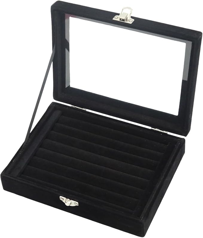 Small Velvet Jewelry Tray with Clear Lid, 8 Rolls Black | Lockable Ring Earring Holder Organizer Storage Box Case Jewelry Box Organizer for Rings Earrings Bracelets Brooches