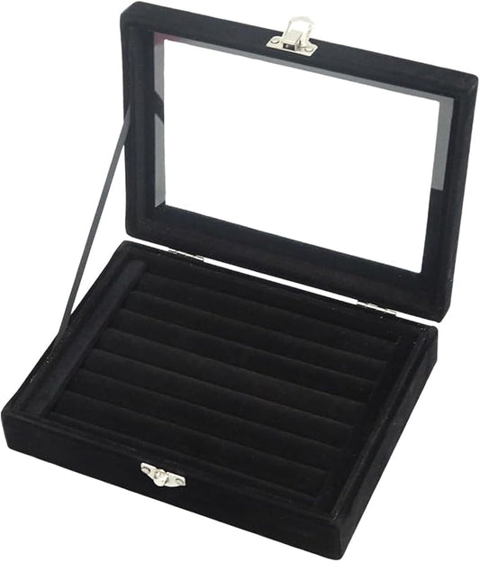Small Velvet Jewelry Tray with Clear Lid, 8 Rolls Black | Lockable Ring Earring Holder Organizer Storage Box Case Jewelry Box Organizer for Rings Earrings Bracelets Brooches