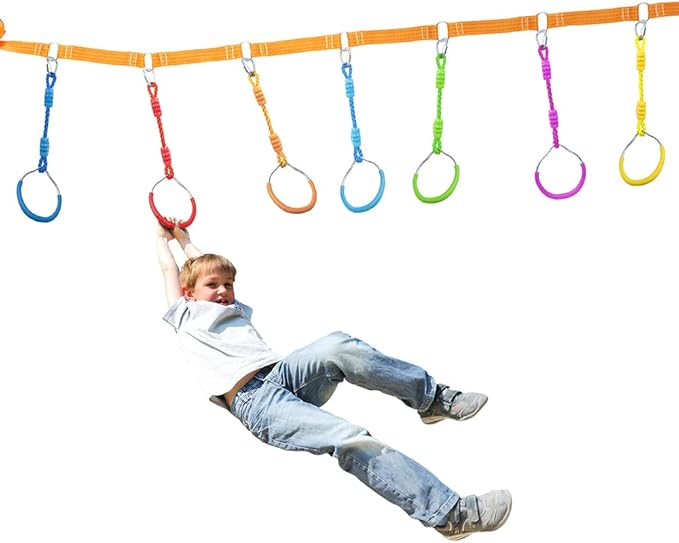 Swing Gymnastic Ring Warrior Obstacle Course Slackline Climb Trapeze Fist Training Equipment, 2 Purple Ninja Monkey Bar Hang Jungle Fist Workout Outdoor Indoor Home Gym Backyard Playground Play Sets