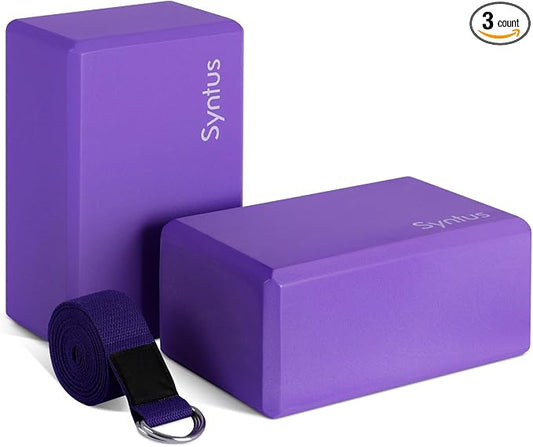 Syntus Yoga Block and Yoga Strap Set, Soft Non-Slip Yoga Blocks 9×6×4 inches, 8FT Metal D-Ring Strap for Yoga, General Fitness, Pilates, Stretching and Toning
