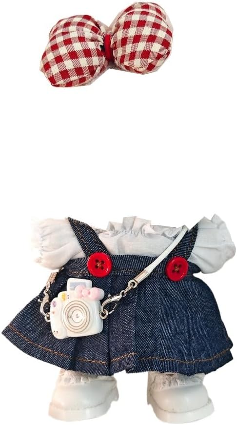 Clothes Dress for Dolls, 17cm La Booboo Doll Designer Clothes Dress Outfit Accessories with Denim Suspender Skirt, White Camera, Glasses, Shoes and Bow Hair Decor, NZ003