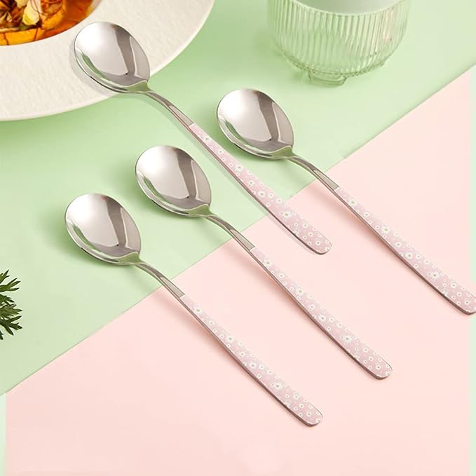 Stainless Steel Soup Spoon,Korean Dessert Pink Daisy Mixed Color Spoon for Home, Kitchen or Restaurant, Set of 4 Pink Daisy Colour Soup Spoons, 8 Inches.
