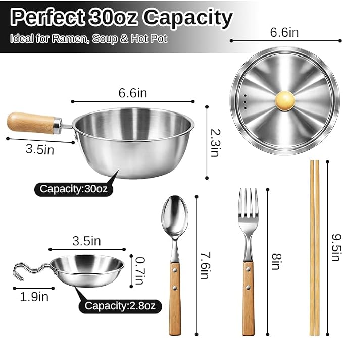 Korean Ramen Pot Set, 18/8 Stainless Steel Ramen Cooking Pot with Stainless Steel Lid, Coating-Free One-Person Dining Set, Wooden Handle Bowl, Fork Spoon Chopsticks&Sauce Dish, Safe for Gas Stove