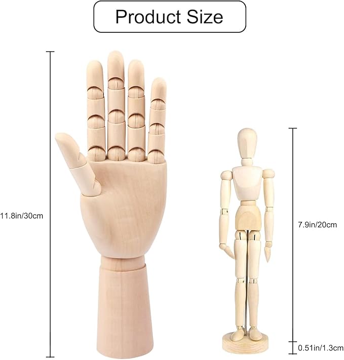2-Pack 12" Drawing Hand Model,8" Artist Wooden Mannequin Figure Human People Dolls Manikin Supplies Stop Motion Figure Kit,Art Wooden Tools Posable Figure for Drawing,Painting,Sketching