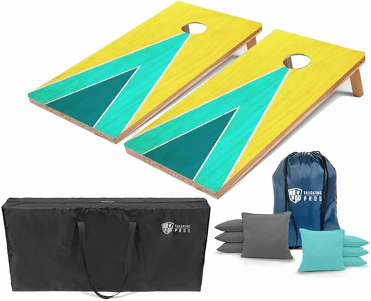 Tailgating Pros Regulation Cornhole Boards - 4'x2' Lightweight Wooden Retro and Classic Themed Cornhole Game w/Carrying Case & Set of 8 Corn Hole Bean Bags w/Tote
