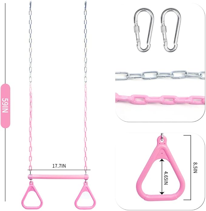 18" Pink Trapeze Swing Bar Rings 48" Heavy Duty Plastic Coated Chains Swing Set Accessories