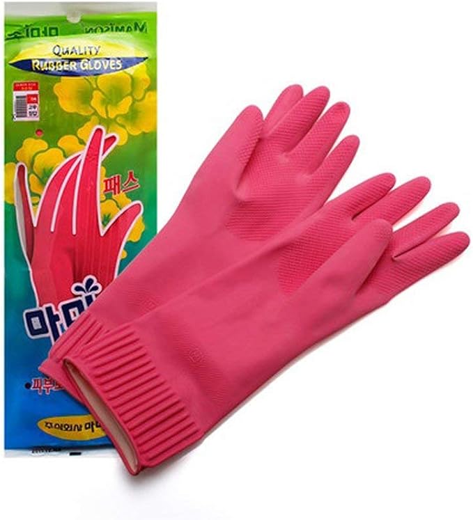 Mamison Quality Kitchen Non-Slip Reusable Rubber Gloves Pink Color, Cleaning, Kitchen, Pet Care, Washing (1 Pairs, Medium)