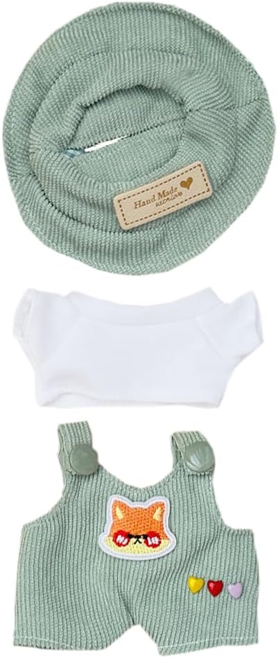 niannyyhouse 17cm Doll Clothes Hat White T-Shirt Animal Print Overalls 15cm Plush Doll Dressup (Green-3)