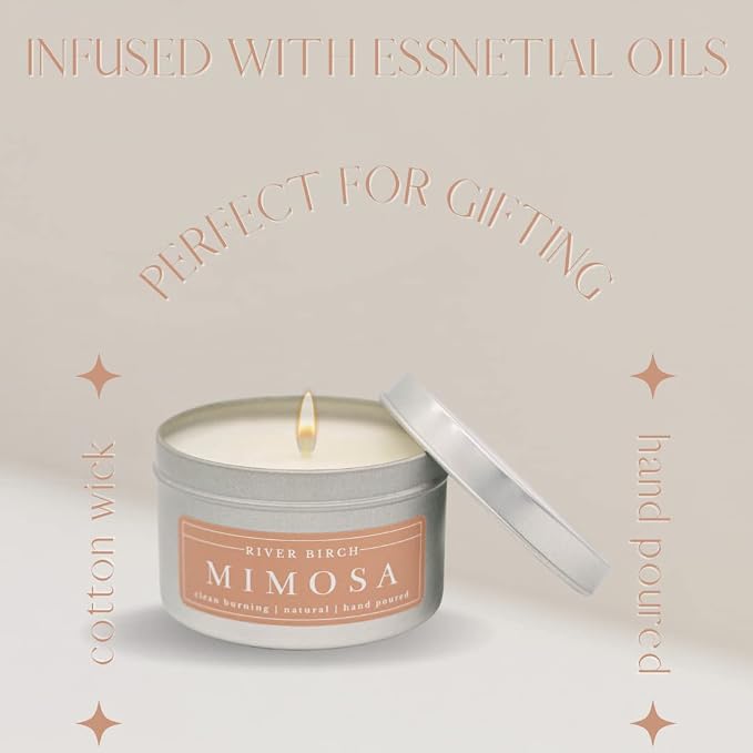 River Birch Premium, All-Natural, Non-Toxic Soy Candle | Mimosa Scented | 8 oz. Silver Tin Travel Candle | Cozy Relaxing Gifts for Home