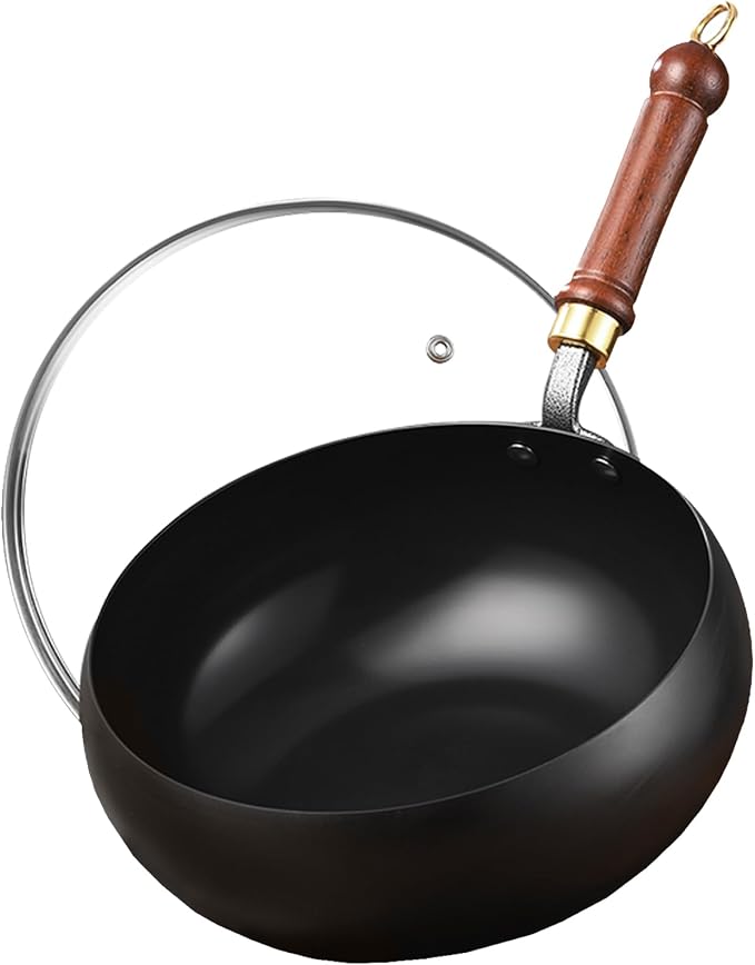 Carbon Steel Wok Pan, 10.2 INCH Nonstick Pre-Seasoned Woks & Stir-Fry Pans with Lid, No Chemical Coating Wok Flat Bottom Small Handmade Chinese Wok for Induction, Gas, Electric & All Stoves