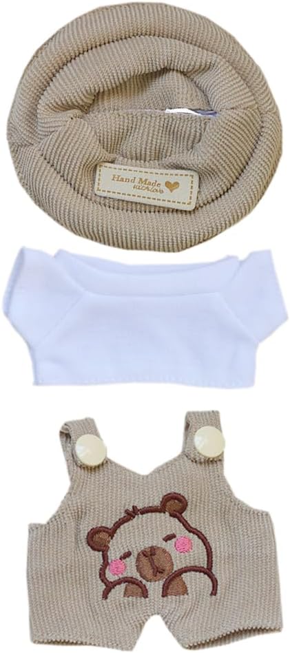 niannyyhouse 17cm Doll Clothes Hat White T-Shirt Animal Print Overalls 15cm Plush Doll Dressup (Brown-1)