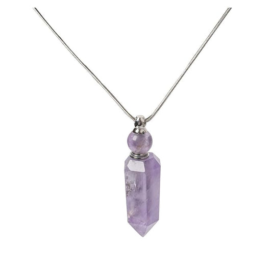 AMOYSTONE 1P Natural Amethyst Necklace Long Chain, Healing Oil Crystals Perfume Necklace Aromatherapy Bullet Shape Pendant Womens Gift