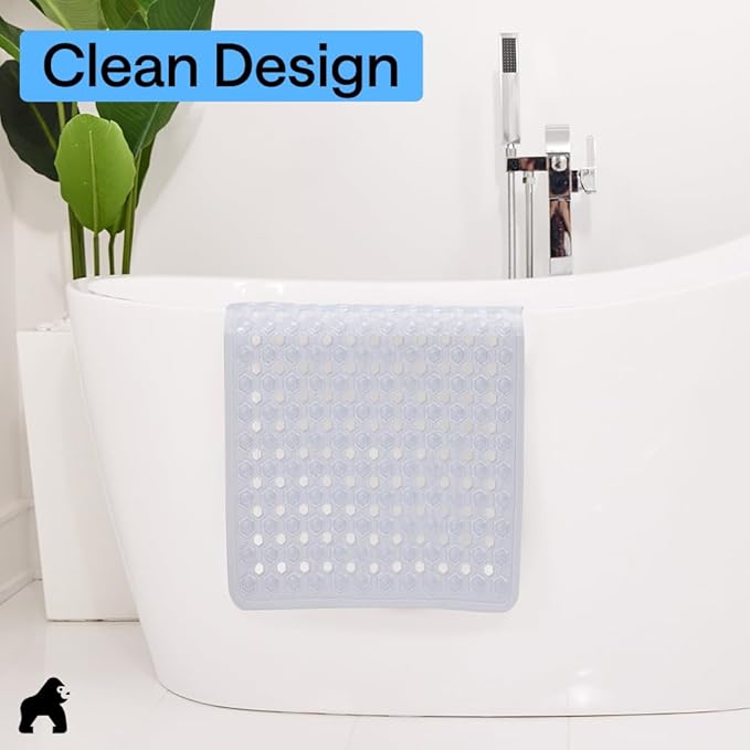 GORILLA GRIP Patented Square Shower Stall Mat, Small Bathtub Floor Mats for Stand Up Showers, Suction Cups and Drainage Holes, Machine Wash, Soft on Feet, Bathroom Accessories 21x21 Inch, 2 Pack Clear