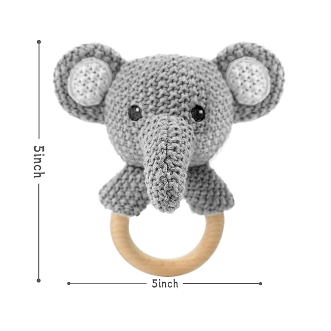 Baby Toys Stuffed Animals Handbell,Elephant Rattle Toy Wooden Rattle Toys for Baby,Knit Stuffed Animal Cute Rattle with Teether Ring Newborn Birthday Gifts（Elephant）