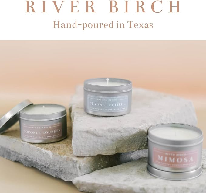River Birch Premium All-Natural, Non-Toxic Soy Candle | 8 oz. Silver Tin Travel Candle | Cozy Relaxing Coconut Bourbon Scented Gifts for Home