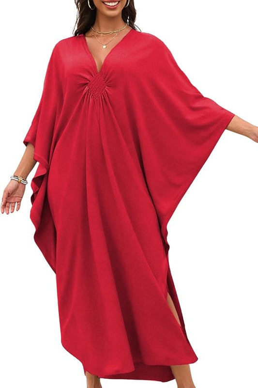 ChiaoLezhee Print Moo-Moos for Women, Kaftan Cover-Up Dresses, Sexy V-Neck High-Slit, Beach Pool-Party Coverups Muumuu Plus