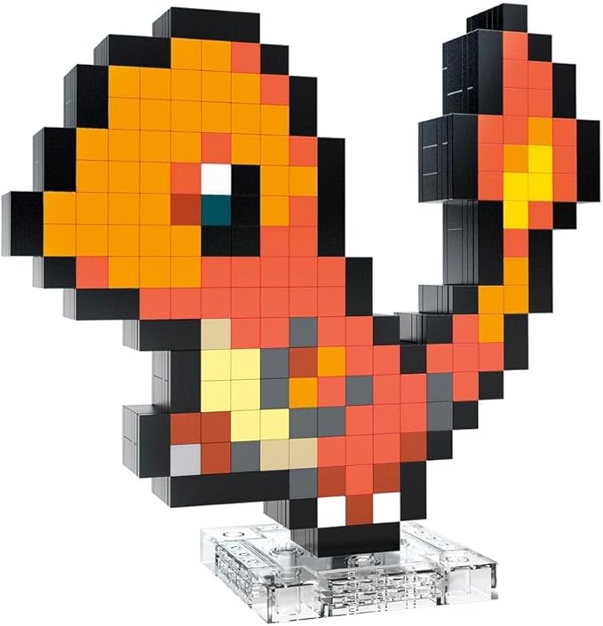 Mega Pokémon Glumanda HTH76 - Buildable Retro Pixel Art Figure with Wall Mount Base for Adult Builders and Collectors
