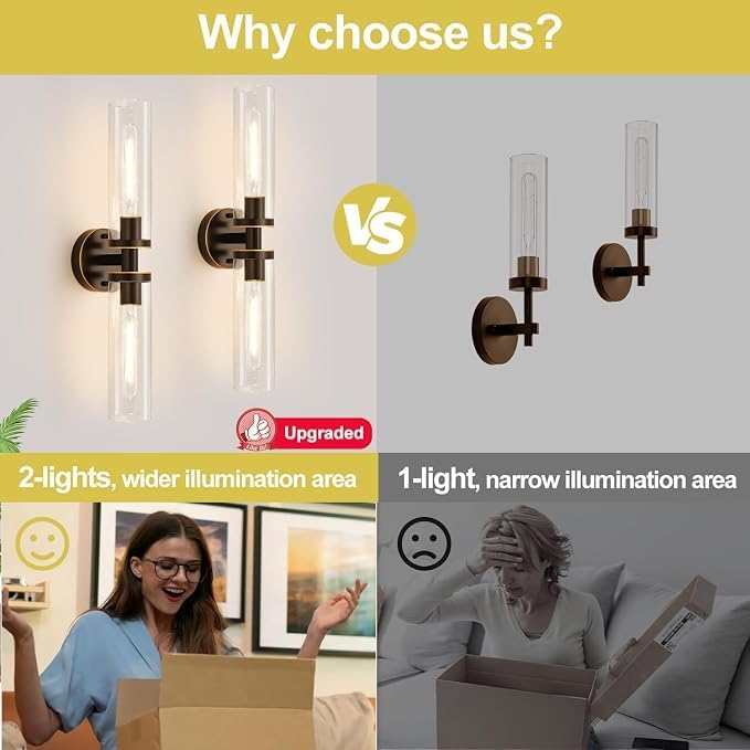 Indoi Wall Sconces Set of Two, Hardwired Brown Bathroom Sconces Wall Lighting with Clear Glass, Modern Sconces Wall Decor Set of 2 Bathroom Light fixtures for Mirror Hallway (Bulbs Not Included)