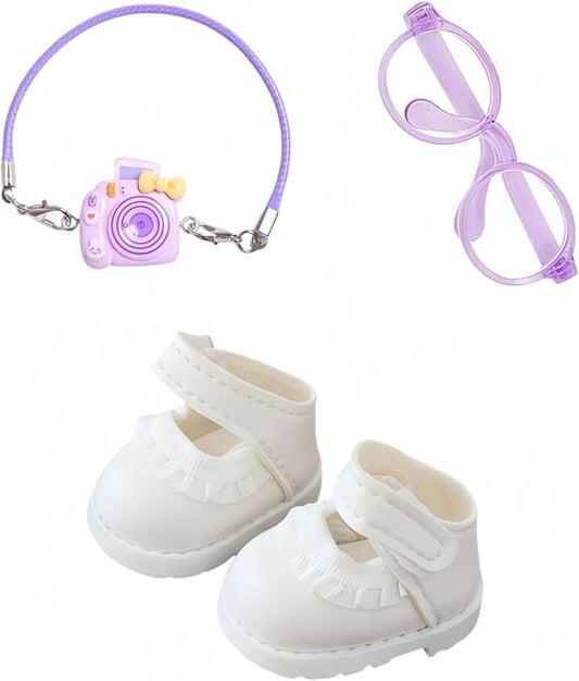 3 Pieces Doll Clothes Set Accessories, Mini Doll Lace-Up Shoes Glasses Camera Decoration for 17cm Dolls, Mini Finger Shoes, Cute Outfit Clothing Accessory for 1st/2nd/3rd Gen Monsters Doll