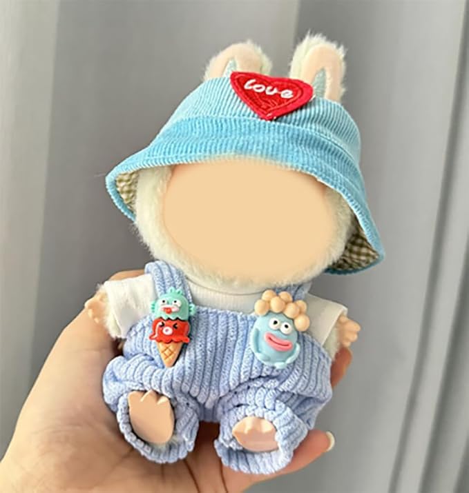 [3 in 1] 17cm Doll Clothes(NO Doll), Cute Dolls Outfit Accessories with Blue Overalls Ice Cream Small Kawaii Clothes Set for Dolls (Style 4)