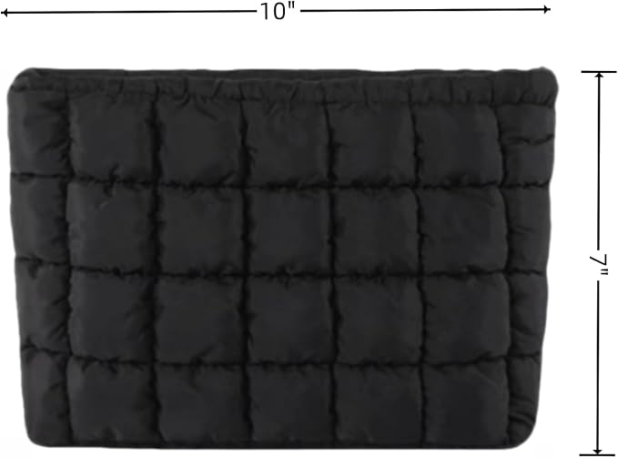 Soft Checkered Quilted Puffy Makeup Bag for Women, Aesthetic Puffer Cosmetic Bag Pouch for Purse (Black)