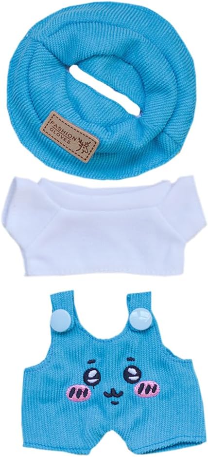 niannyyhouse 17cm Doll Clothes Hat White T-Shirt Animal Print Overalls 15cm Plush Doll Dressup (Blue-1)