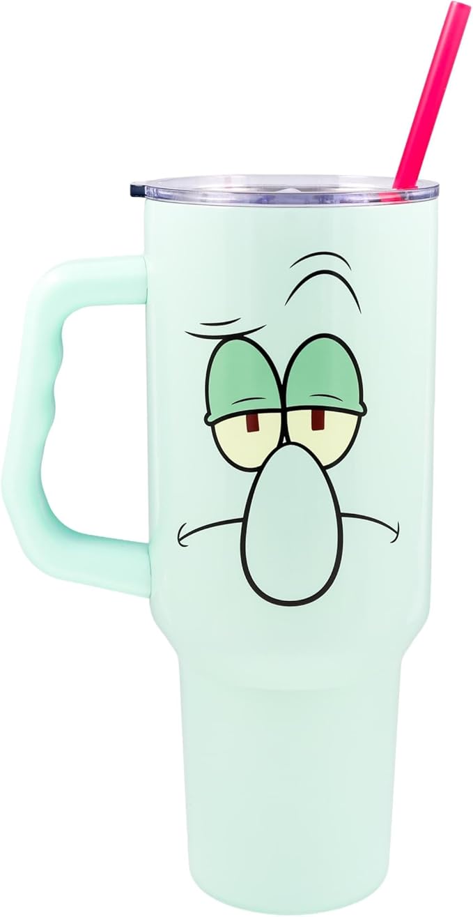 Silver Buffalo SpongeBob SquarePants Double Walled Stainless Steel Tumbler with Handle Featuring Squidward, Fits in Standard Cup Holder, 40 Ounces