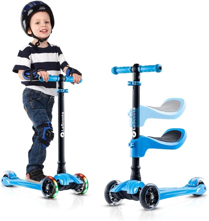 Lascoota 3-Wheel Kids Scooter - Removable Seat, Adjustable Handlebar, Light-Up Wheels & Lean-to-Steer for Toddler Scooter - Blue, Aluminum, Large
