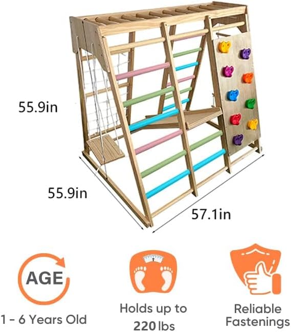 Avenlur Magnolia Indoor Playground 7-in-1 Jungle Gym Playset for Kids 2-6yrs - Slide, Climbing Wall, Rope Wall Climber, Monkey Bars, Swing - Waldorf and Montessori Style Wooden Climb Set. USA Company.
