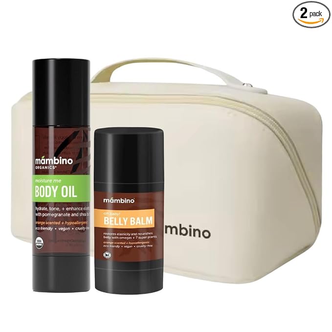 Mambino Organics Maternity Gift Set - Moisture Me Body Oil & Oh Baby! Belly Balm - Anti-Stretch Duo Kit with Free Bag