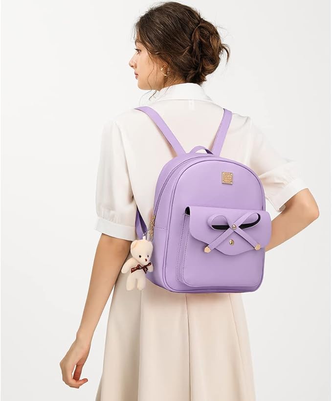 MACCINELO Cute Leather Mini Backpack Purse for Women Bowknot Small Backpack for Girls gift Rucksack Ladies Shoulder Bag 3pcs